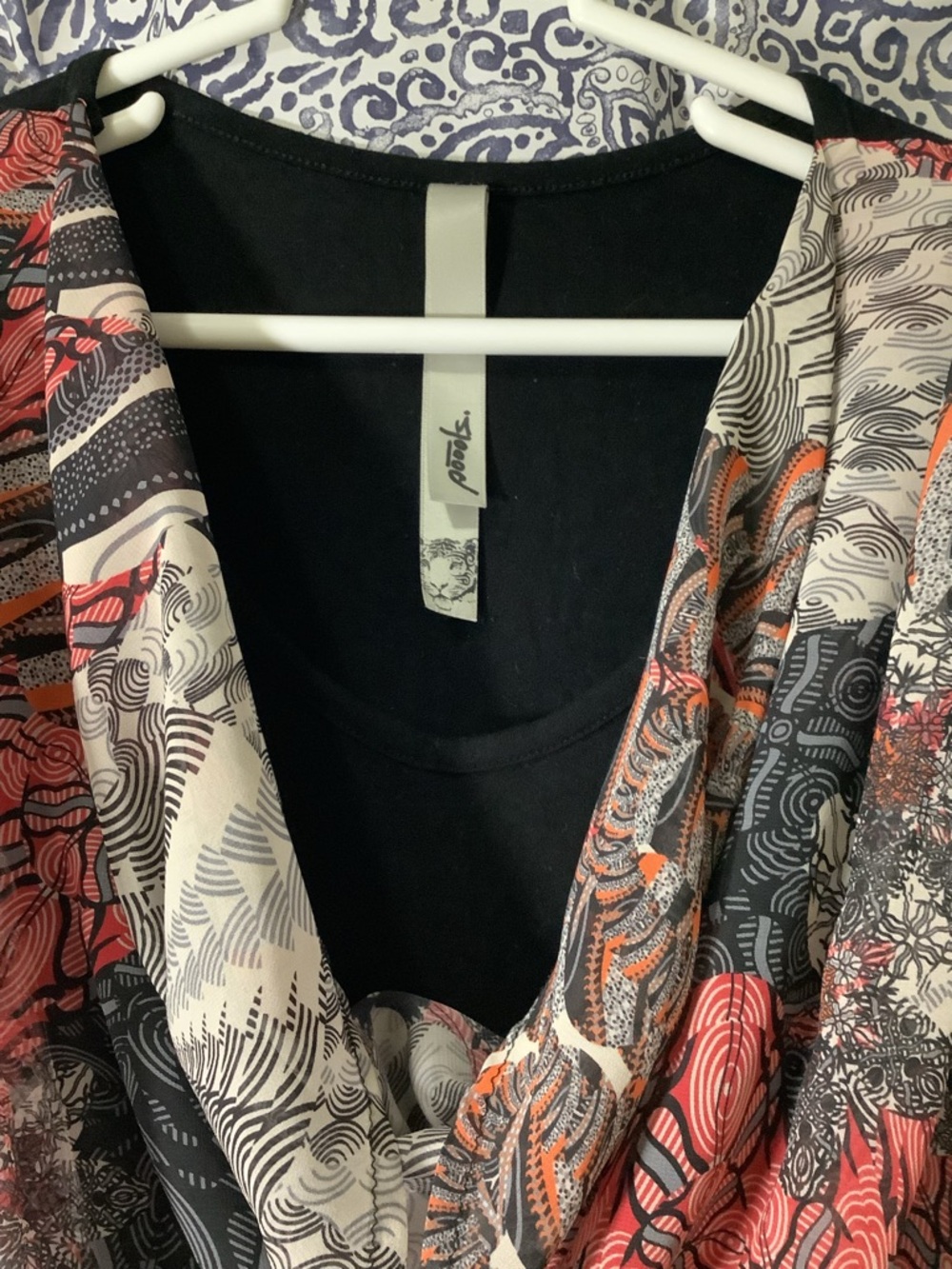 Draped Cowl Neck Overlay Top in Coral, Black & Cream - Picture 2 of 7